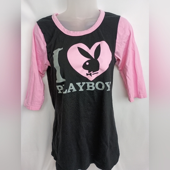 PLAYBOY Rare Y2K Cotton Half Sleeve Tee in Pink and Black (#61) - Picture 1 of 4
